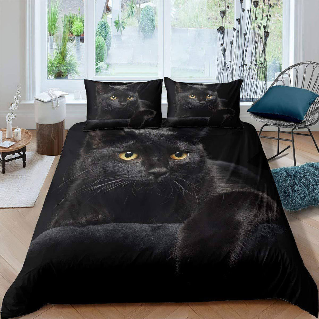 Pet cat pattern quilt cover set featuring an adorable black cat design, perfect for cat lovers.