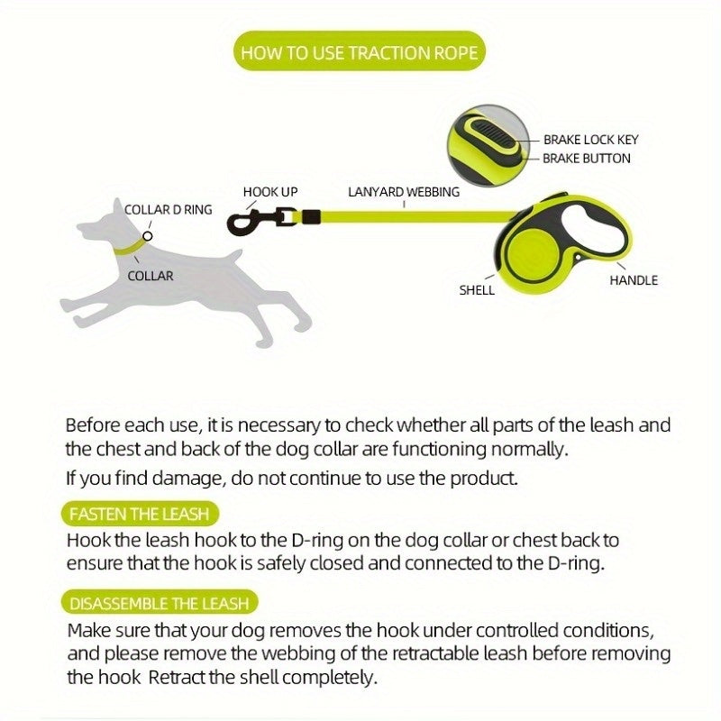 Heavy-Duty Retractable Dog Leash For Large Dogs Up To 49.9 KG - 4.88meter High-Reflective Nylon, Anti-Slip Handle, One-Button , Green And Black