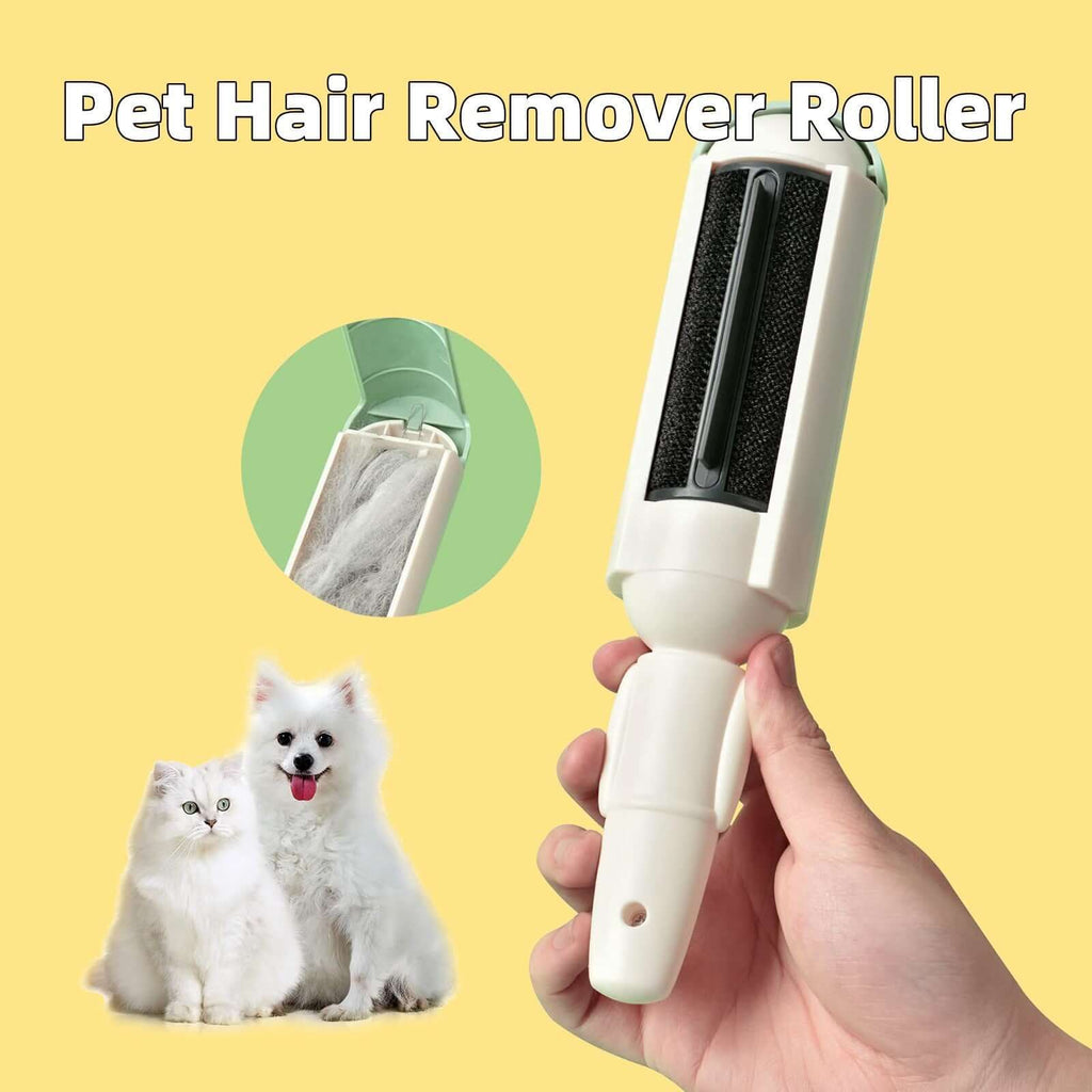 Pet hair remover roller held in hand, designed for easy removal of pet hair from various surfaces.