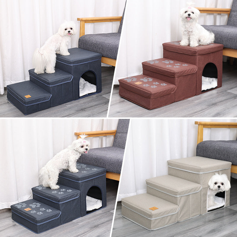 Foldable Dog Stairs With Storage - 3-Level Small To Medium Dog Breed Ramp, Oxford Fabric, Suitable For High Beds And Sofas, Pet Ladder, Dog Stairs