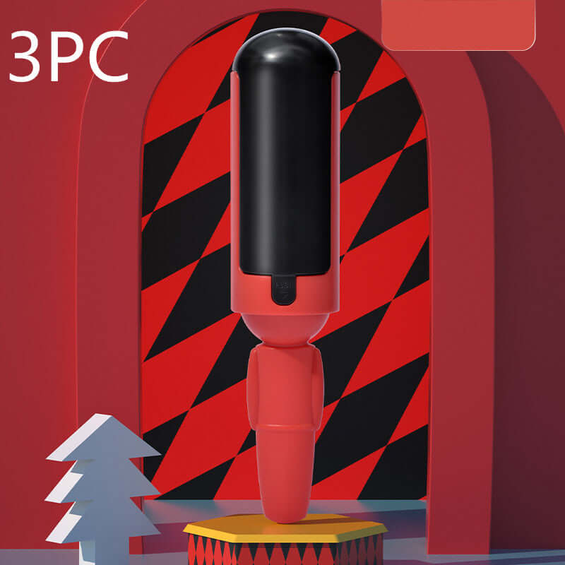 Portable pet hair roller standing against a geometric patterned background, featuring a bold red and black design.