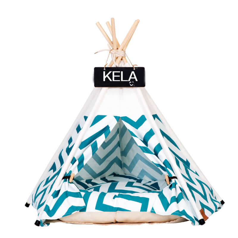 Green striped children’s tent made of canvas, featuring a stylish chevron pattern and wooden poles, ideal for indoor play.