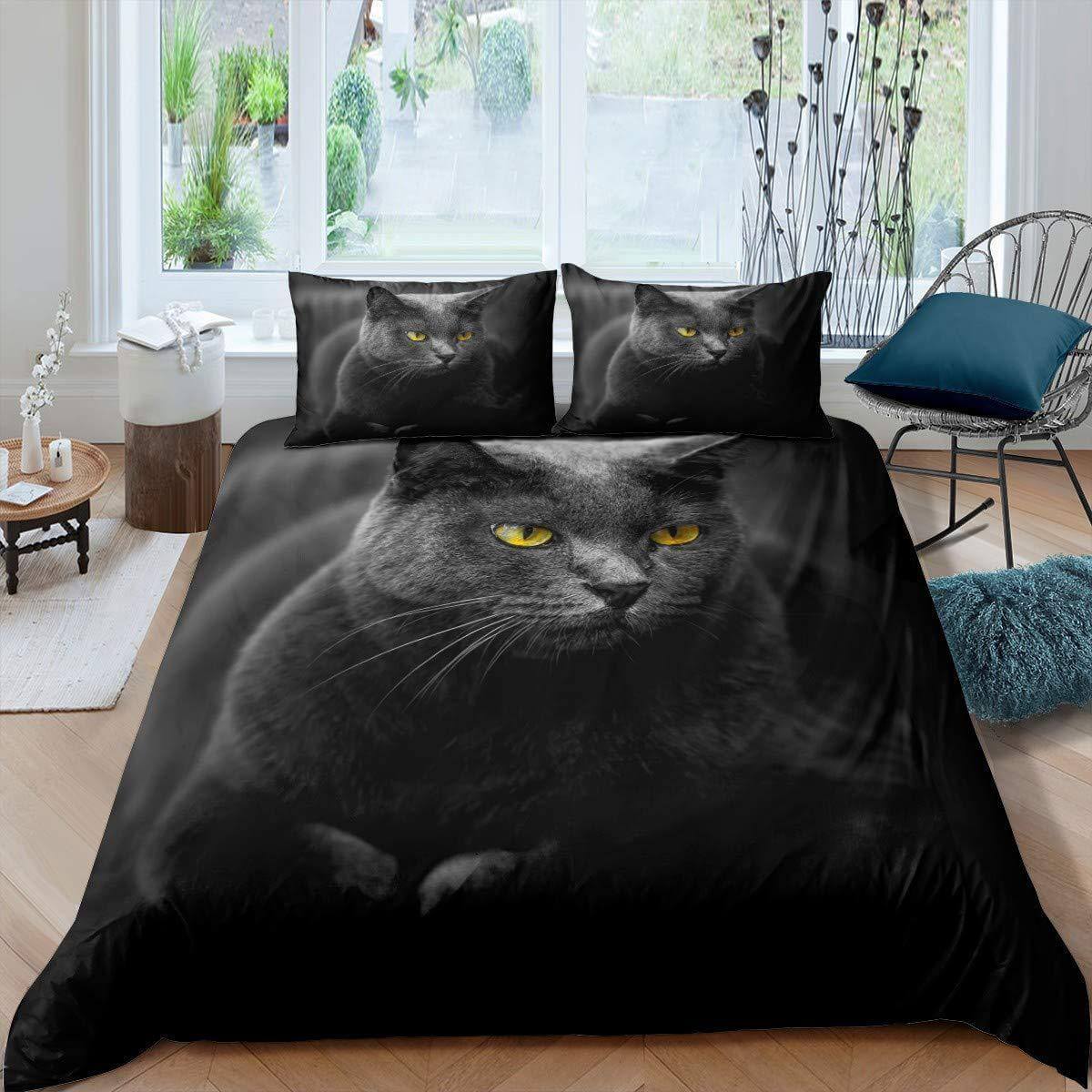 Pet cat pattern bedding down quilt cover set featuring a gray cat design, perfect for cat lovers.