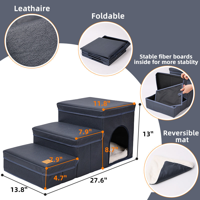 Foldable Dog Stairs With Storage - 3-Level Small To Medium Dog Breed Ramp, Oxford Fabric, Suitable For High Beds And Sofas, Pet Ladder, Dog Stairs