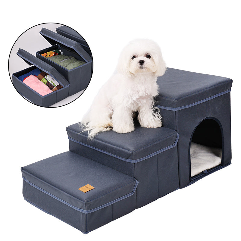 Foldable Dog Stairs With Storage - 3-Level Small To Medium Dog Breed Ramp, Oxford Fabric, Suitable For High Beds And Sofas, Pet Ladder, Dog Stairs