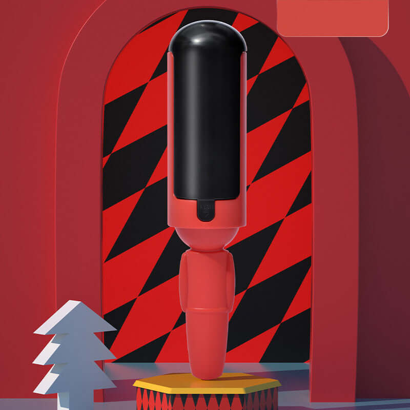 Stylish pet hair roller in red and black design, set against a bold patterned background.